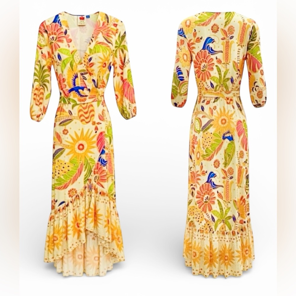 Farm Rio by Anthropologie Wrap Ruffled Hem Multicolor Floral High Low Dress M